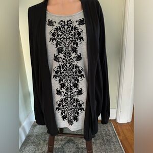 Built in top under cardigan. The pretty scroll is velvet texture. Size XXL